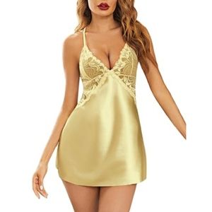 Avidlov Lingerie VNeck Nightwear Satin Lace Chemise Mini Teddy Gold